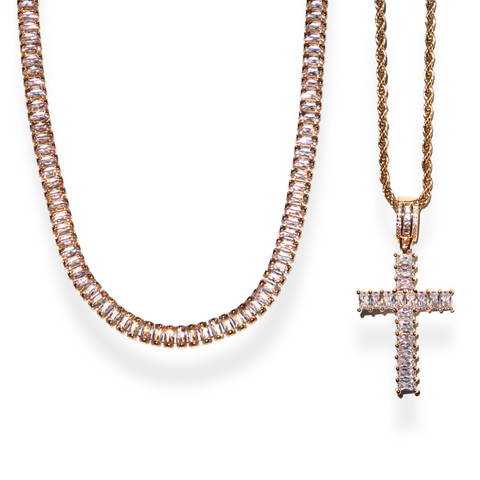 Lumi Tennis Chain & Baguette Cross Set Gold