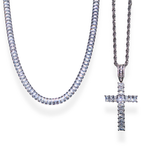 Lumi Tennis Chain & Baguette Cross Set - Silver