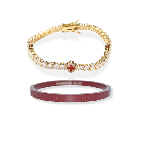 Clover Tennis Bracelet & Harper Ray Monogram Bangle Bundle - Red
